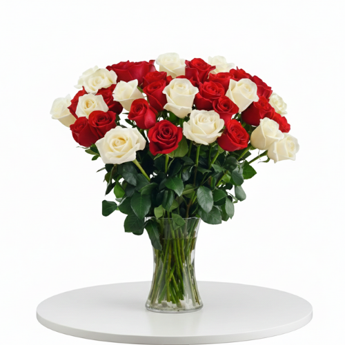 Red & White Roses in Vase
